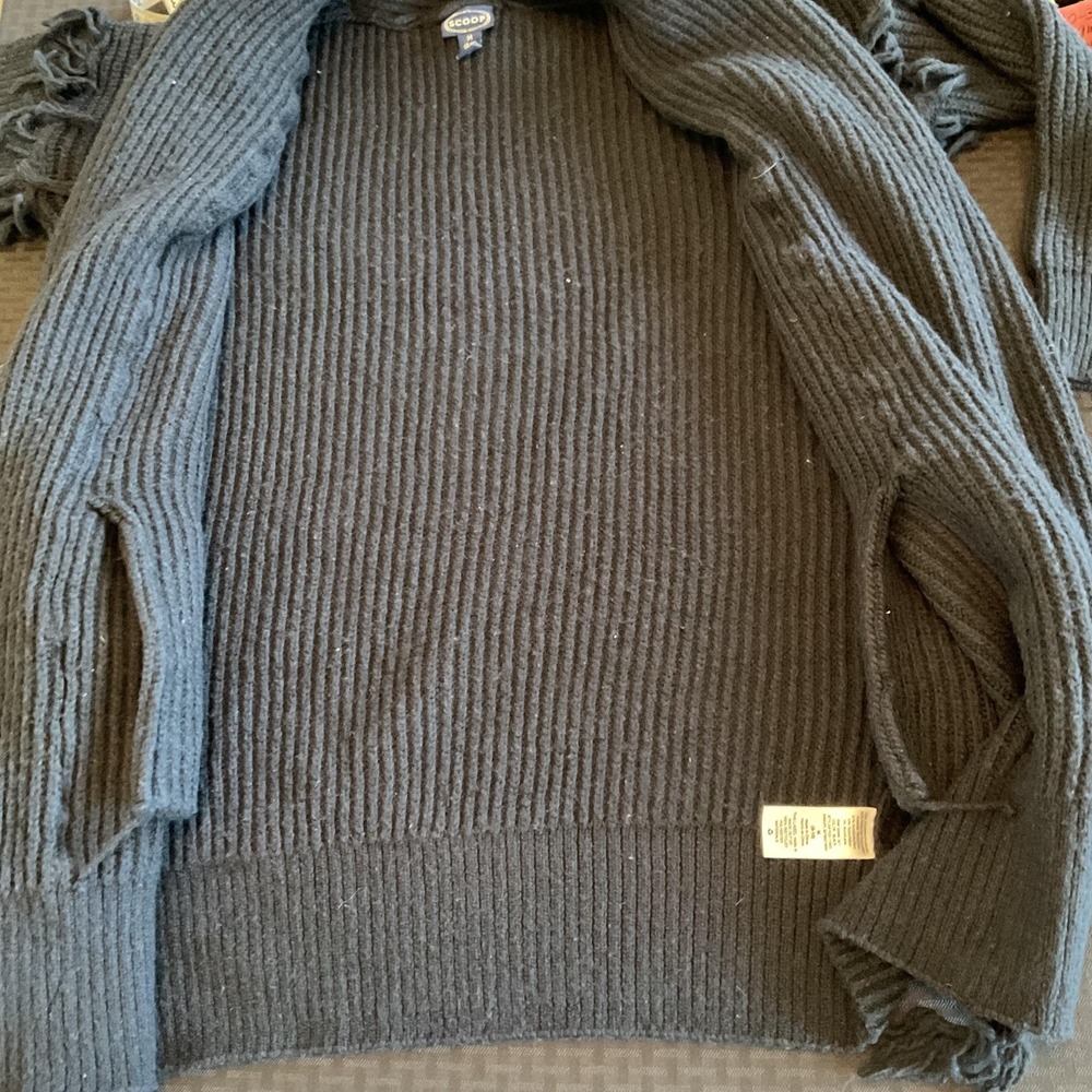Scoop Cardigan Womens Medium Black Fringe Open Front Ribbed Knit Sweater Pockets - Picture 5 of 11